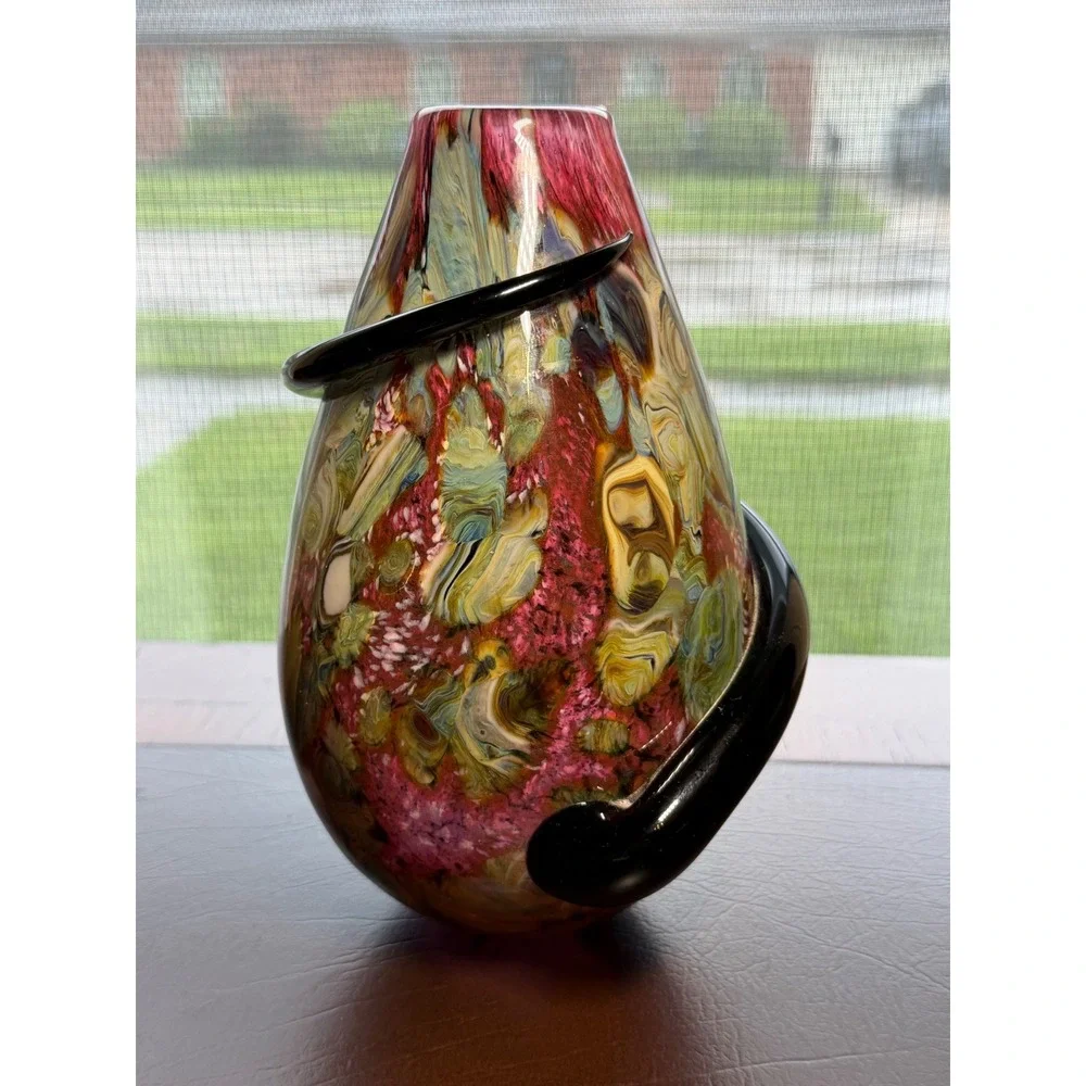 Robert Eickholdt 2000 Signed Studio Art Glass Vase Dichroic Black Wrap Sculpture